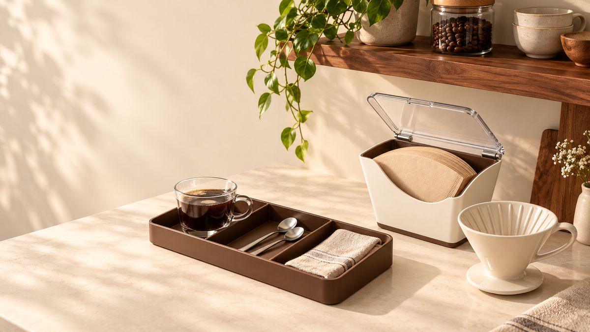 A warm, natural home coffee corner