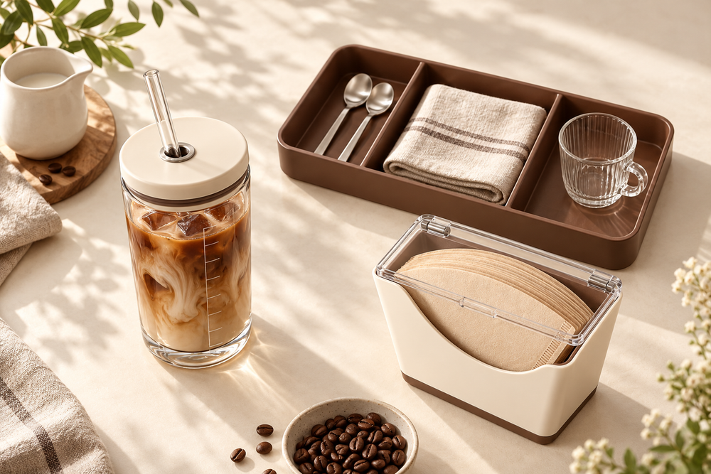 Coffee ritual objects arranged on a cream tabletop