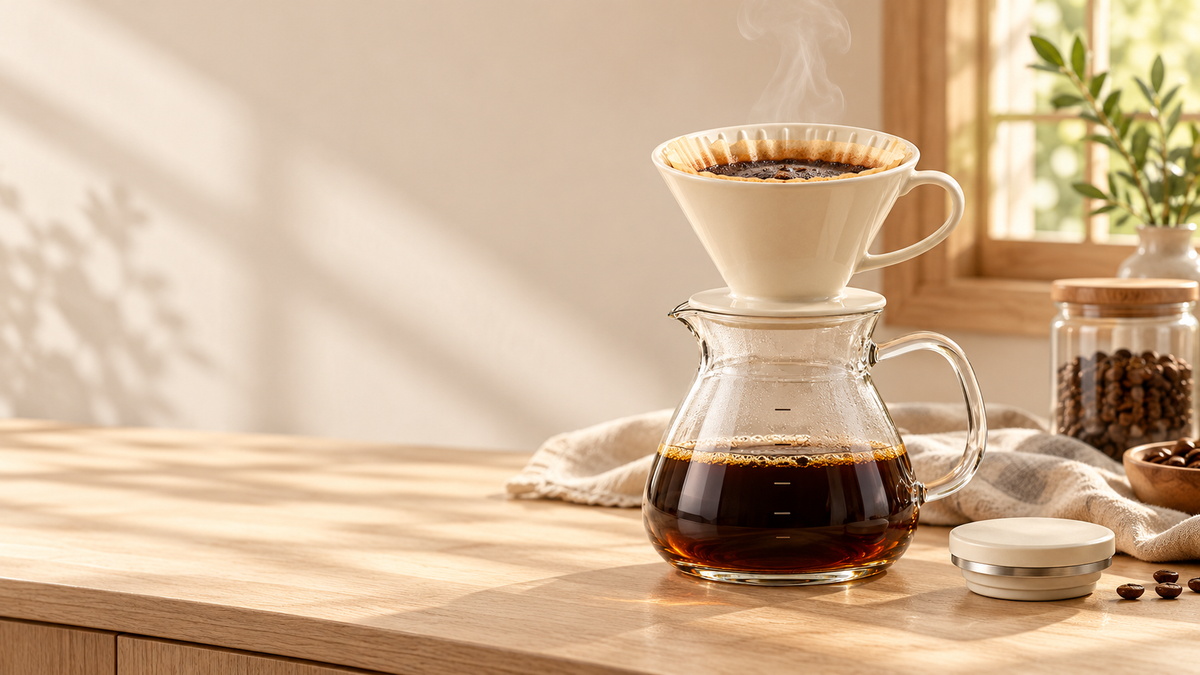 Warm, sunlit home coffee corner