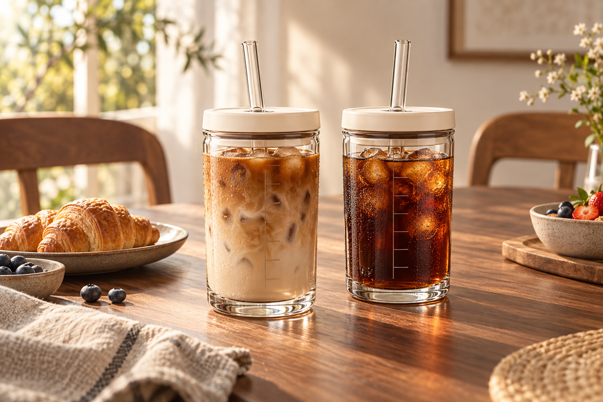 Iced coffee drinks on a wooden table