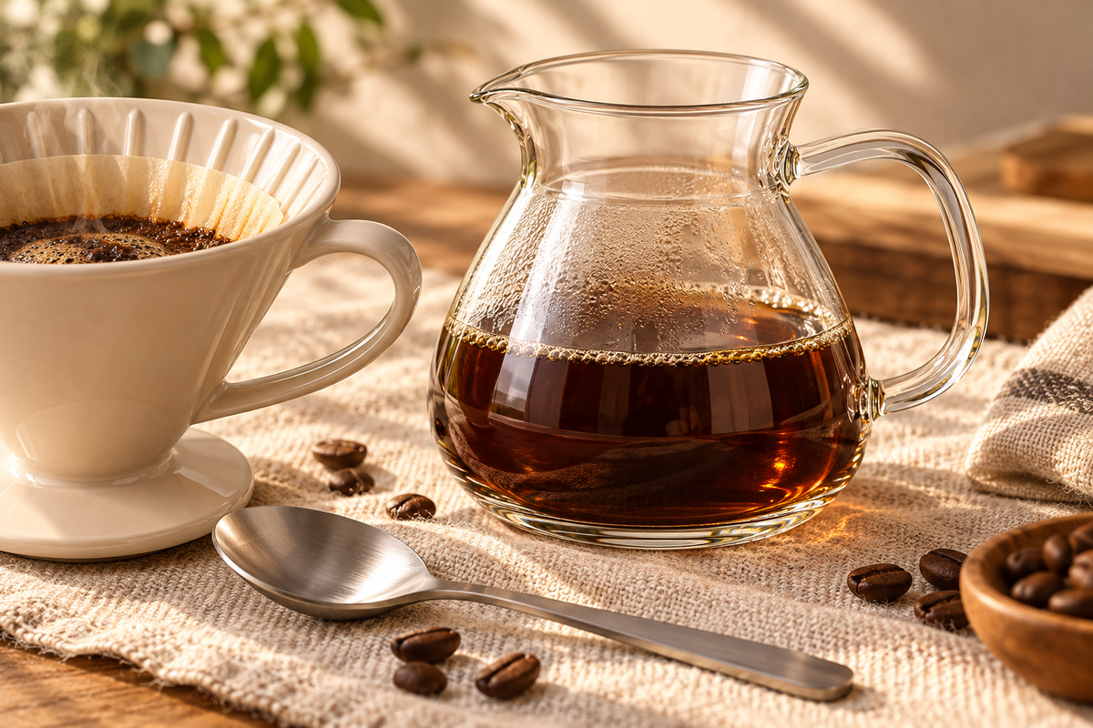Coffee and glassware in a warm, naturally lit home setting