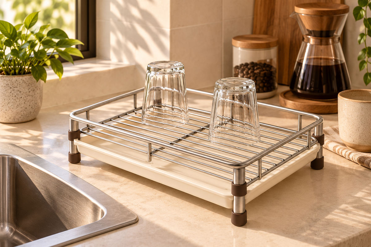 Clean glasses drying on a kitchen rack in natural sunlight
