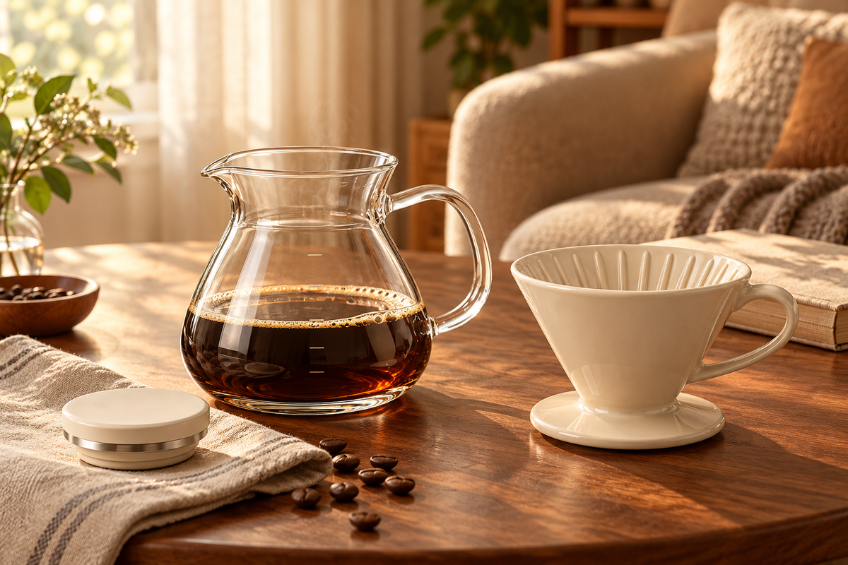 Coffee sharing carafe and cream dripper on a sunlit wooden table