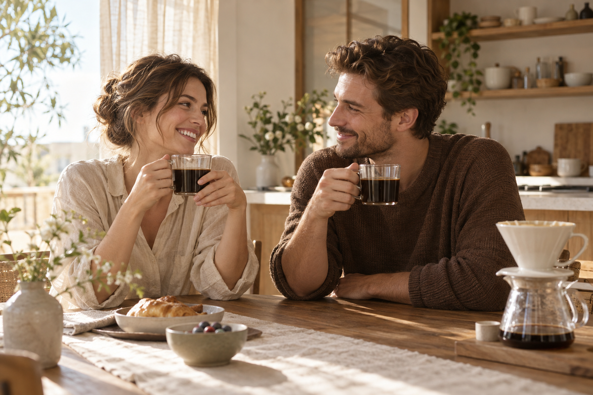 Coffee and iced drinks on a sunlit kitchen counter